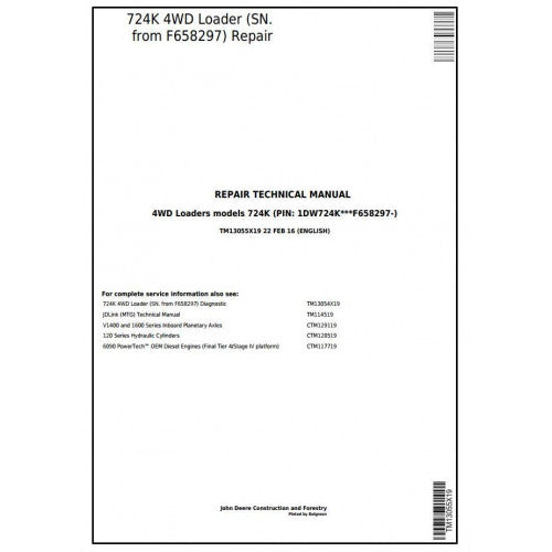 TM13055X19 John Deere 724K 4WD Loader Pdf Repair Service Technical Manual