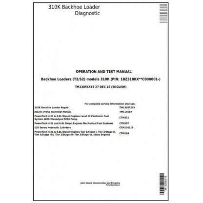 TM13056X19 John Deere 310K Backhoe Loader Pdf Diagnostic, Operation and Test Service Manual
