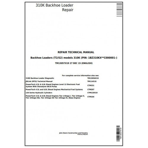 TM13057X19 John Deere 310K (T2/S2) Backhoe Loader Pdf Repair Service Technical Manual