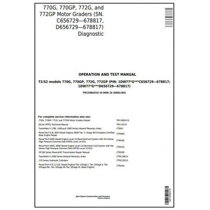 TM13066X19 John Deere 770G, 770GP, 772G, 772GP Motor Grader Pdf Diagnostic, Operation and Test Service Manual
