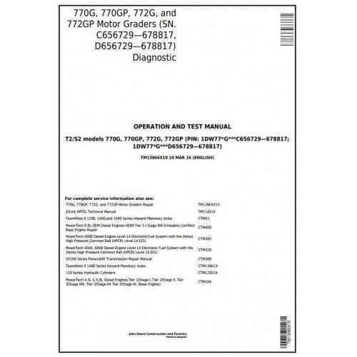 TM13066X19 John Deere 770G, 770GP, 772G, 772GP Motor Grader Pdf Diagnostic, Operation and Test Service Manual