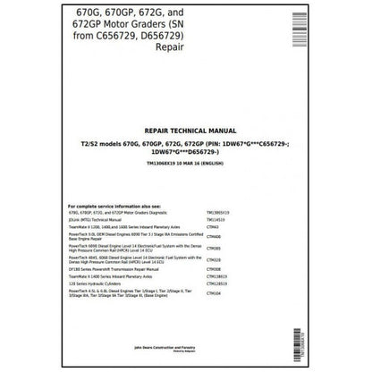 TM13068X19 John Deere 670G, 670GP, 672G, 672GP Motor Grader Pdf Repair Service Technical Manual
