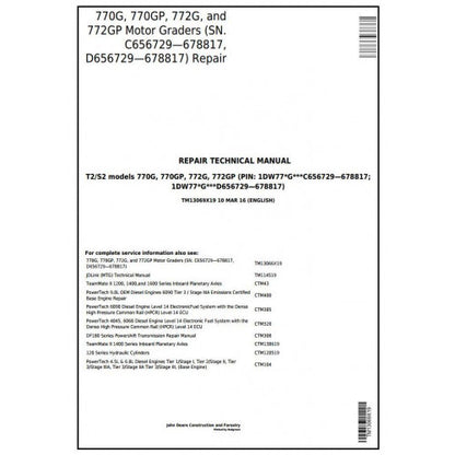 TM13069X19 John Deere 770G, 770GP, 772G, 772GP Motor Grader Pdf Repair Service Technical Manual
