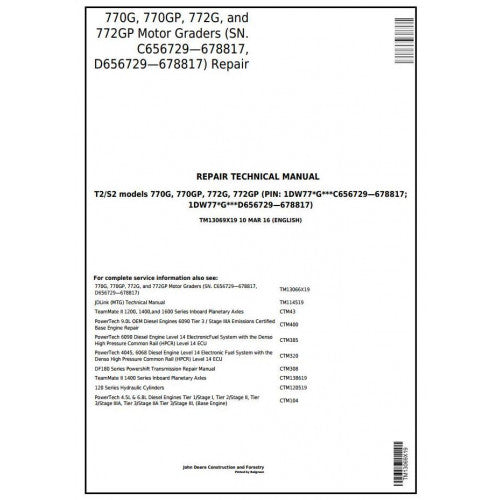 TM13069X19 John Deere 770G, 770GP, 772G, 772GP Motor Grader Pdf Repair Service Technical Manual