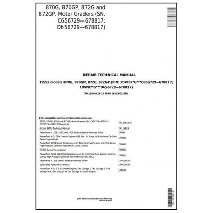 TM13070X19 John Deere 870G, 870GP, 872G, 872GP Motor Grader Pdf Repair Service Technical Manual