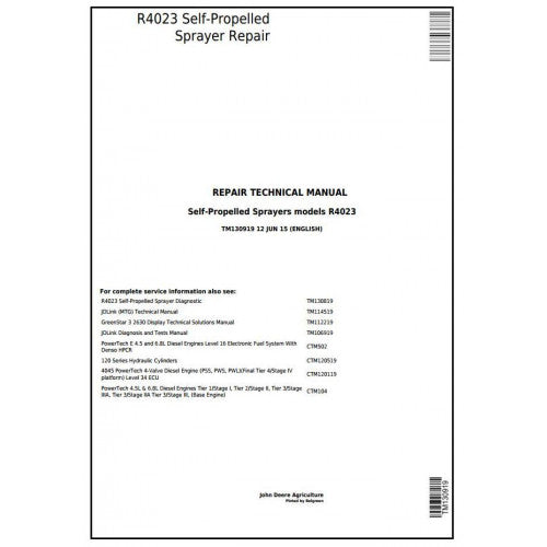 TM130919 John Deere R4023 Self-Propelled Sprayers Pdf Technical Service Manual