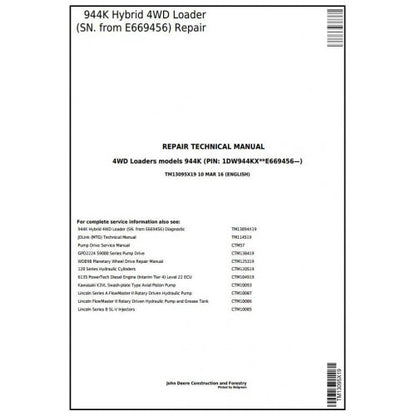 TM13095X19 John Deere 944K Hybrid 4WD Loader Pdf Repair Service Technical Manual
