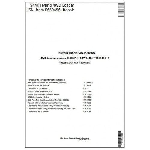 TM13095X19 John Deere 944K Hybrid 4WD Loader Pdf Repair Service Technical Manual