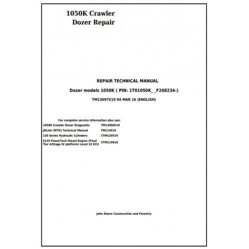 TM13097X19 John Deere 1050K Crawler Dozer Pdf Repair Service Technical Manual