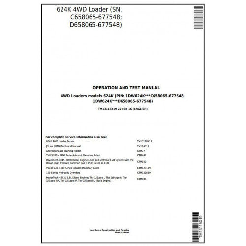 TM13115X19 John Deere 624K 4WD Loader Pdf Diagnostic, Operation and Test Service Manual