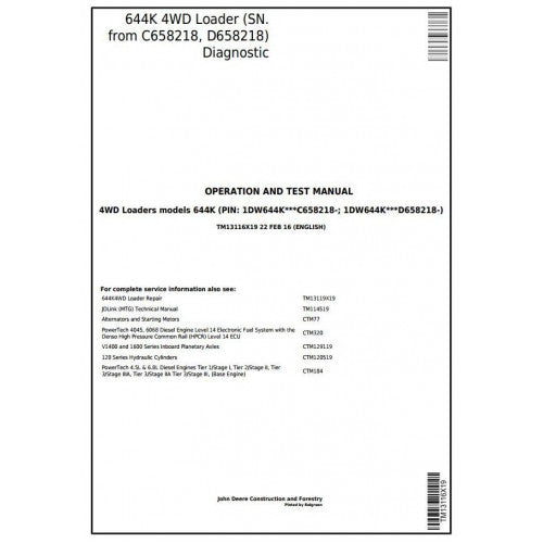 TM13116X19 John Deere 644K 4WD Loader Pdf Diagnostic, Operation and Test Service Manual