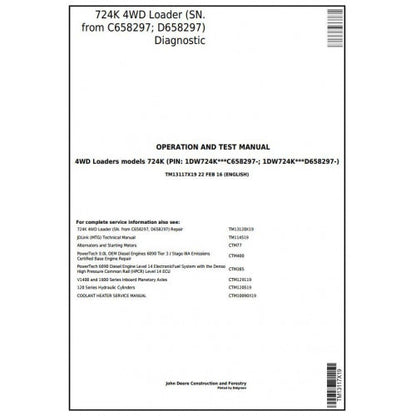 TM13117X19 John Deere 724K 4WD Loader Pdf Diagnostic, Operation and Test Service Manual