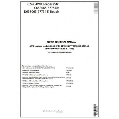 TM13118X19 John Deere 624K 4WD Loader Pdf Repair Service Technical Manual