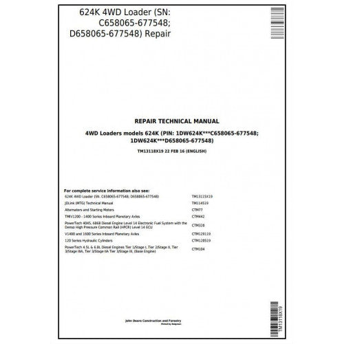 TM13118X19 John Deere 624K 4WD Loader Pdf Repair Service Technical Manual