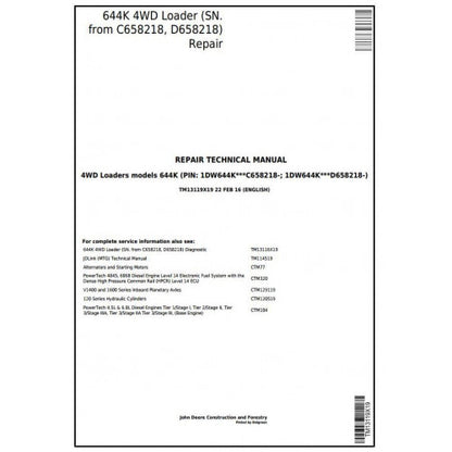 TM13119X19 John Deere 644K 4WD Loader Pdf Repair Service Technical Manual