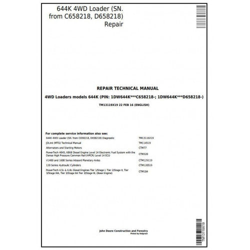 TM13119X19 John Deere 644K 4WD Loader Pdf Repair Service Technical Manual