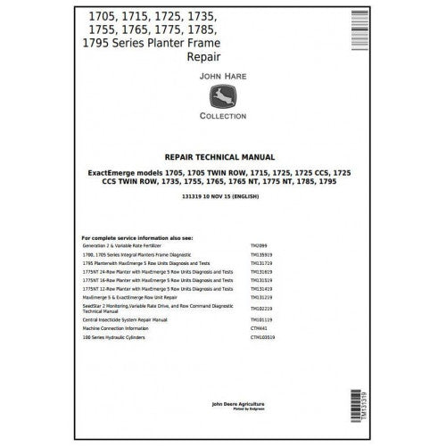 TM131319 John Deere 1705, 1715, 1725, 1735, 1755, 1765, 1775, 1785, 1795 Planter Frame Pdf Technical Service Manual