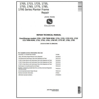 TM131319 John Deere 1705, 1715, 1725, 1735, 1755, 1765, 1775, 1785, 1795 Planter Frame Pdf Technical Service Manual