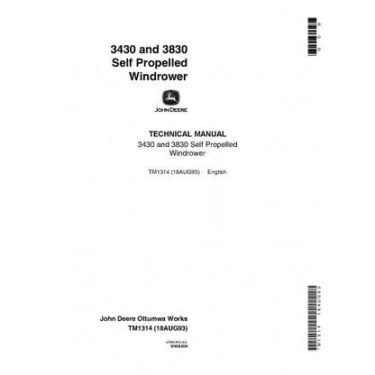 TM1314 John Deere 3430 and 3830 Self-Propelled Windrowers Pdf Technical Service Manual
