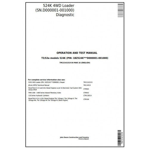 TM13141X19 John Deere 524K (T3/S3a) 4WD Loader Pdf Diagnostic, Operation and Test Service Manual