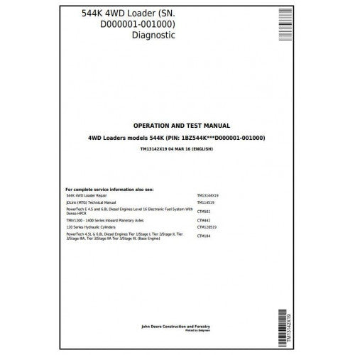 TM13142X19 John Deere 544K 4WD Loader Pdf Diagnostic, Operation and Test Service Manual