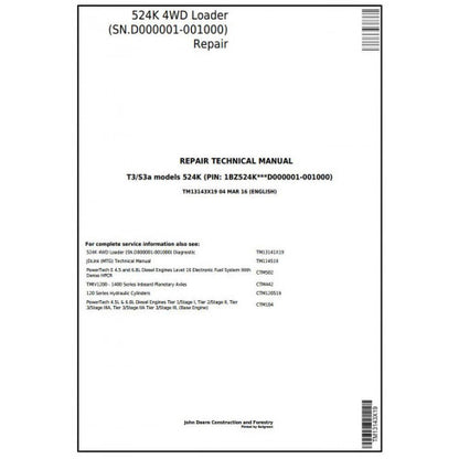 TM13143X19 John Deere 524K (T3/S3a) 4WD Loader Pdf Repair Service Technical Manual