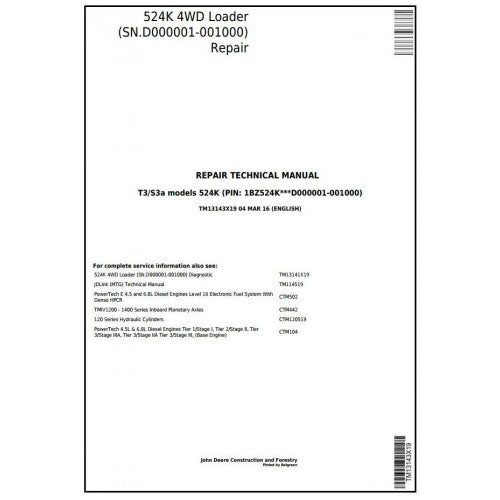 TM13143X19 John Deere 524K (T3/S3a) 4WD Loader Pdf Repair Service Technical Manual