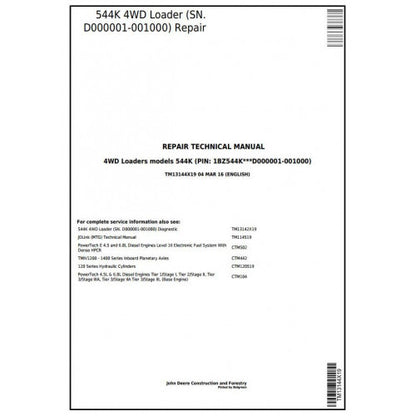 TM13144X19 John Deere 544K (T3/S3a) 4WD Loader Pdf Repair Service Technical Manual