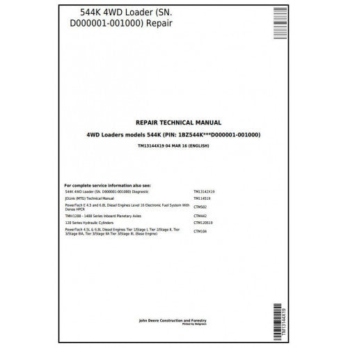 TM13144X19 John Deere 544K (T3/S3a) 4WD Loader Pdf Repair Service Technical Manual