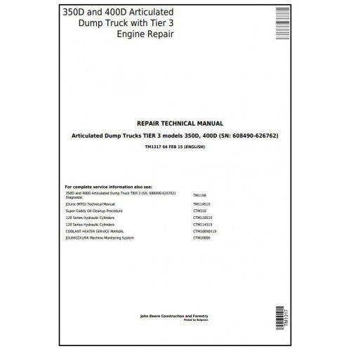 TM1317 John Deere 350D, 400D Articulated Dump Truck Pdf Repair Service Technical Manual