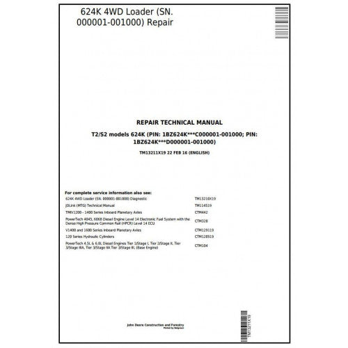 TM13211X19 John Deere 624K (T2/S2) 4WD Loader Pdf Repair Service Technical Manual