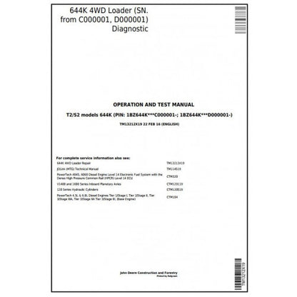 TM13212X19 John Deere 644K 4WD Loader Pdf Diagnostic, Operation and Test Service Manual