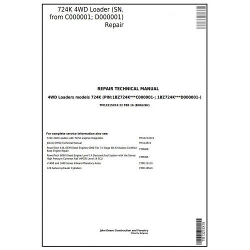 TM13215X19 John Deere 724K 4WD Loader Pdf Repair Service Technical Manual