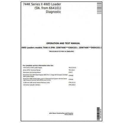 TM13219X19 John Deere 744K Series II 4WD Loader Pdf Diagnostic, Operation and Test Service Manual