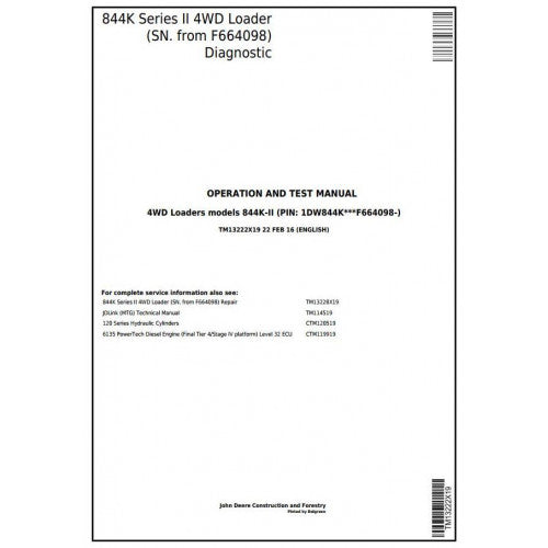 TM13222X19 John Deere 844K Series II 4WD Loader Pdf Diagnostic, Operation and Test Service Manual