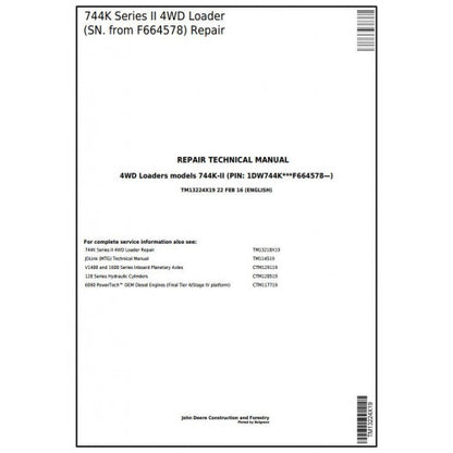 TM13224X19 John Deere 744K Series II 4WD Loader Pdf Repair Service Technical Manual