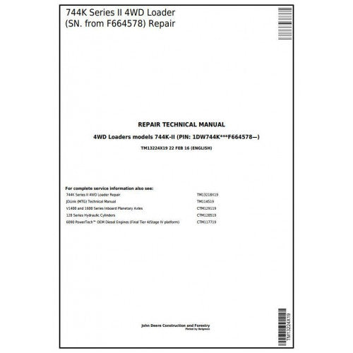 TM13224X19 John Deere 744K Series II 4WD Loader Pdf Repair Service Technical Manual