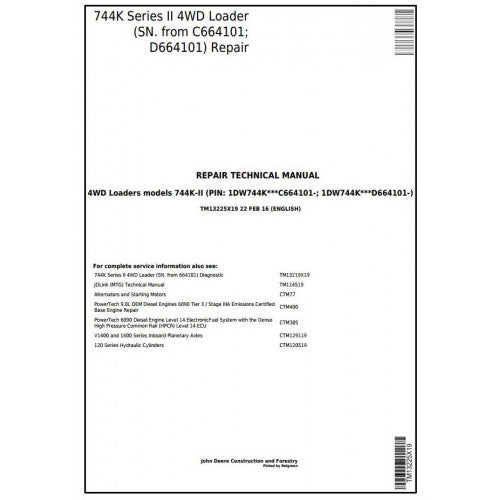 TM13225X19 John Deere 744K Series II 4WD Loader Pdf Repair Service Technical Manual