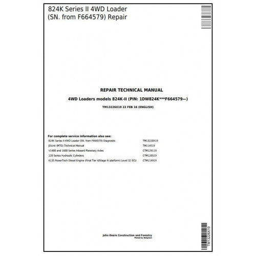 TM13226X19 John Deere 824K Series II 4WD Loader Pdf Repair Service Technical Manual