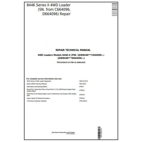 TM13229X19 John Deere 844K Series II 4WD Loader Pdf Repair Service Technical Manual