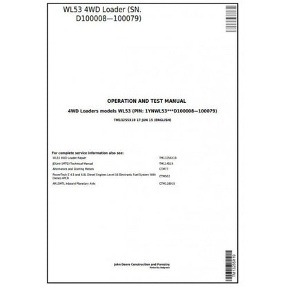 TM13255X19 John Deere WL53 4WD Loader Pdf Diagnostic, Operation and Test Service Manual