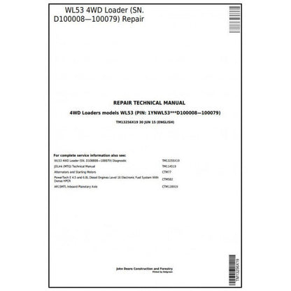 TM13256X19 John Deere WL53 4WD Loader Pdf Repair Service Technical Manual