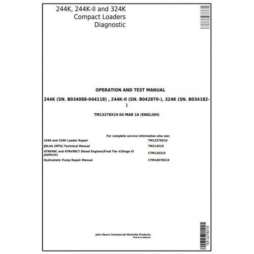 TM13278X19 John Deere 244K, 244K-II, 324K Compact Loader Pdf Diagnostic, Operation and Test Service Manual