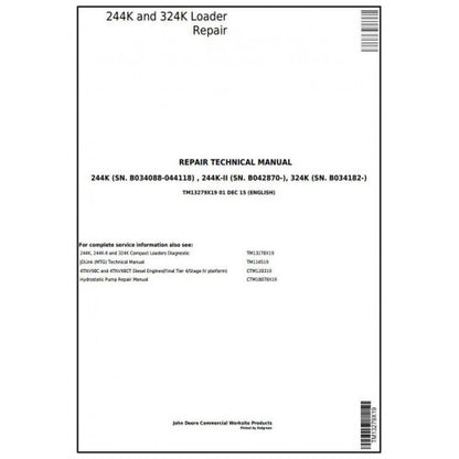 TM13279X19 John Deere 244K, 224K-II, 324K Loader Pdf Repair Service Technical Manual