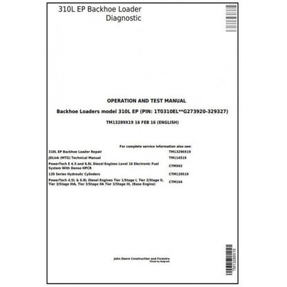 TM13289X19 John Deere 310L EP Backhoe Loader Pdf Diagnostic, Operation and Test Service Manual