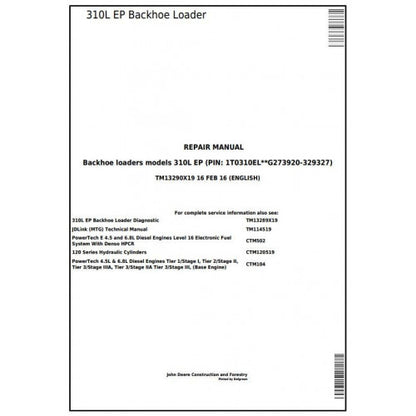 TM13290X19 John Deere 310L EP Backhoe Loader Pdf Repair Service Technical Manual
