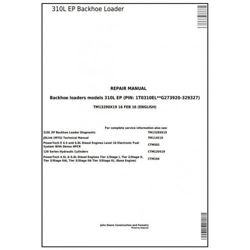 TM13290X19 John Deere 310L EP Backhoe Loader Pdf Repair Service Technical Manual