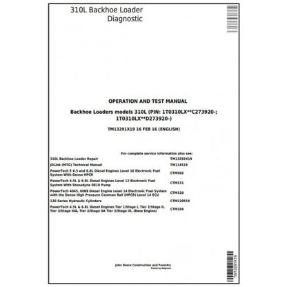 TM13291X19 John Deere 310L Backhoe Loader Pdf Diagnostic, Operation and Test Service Manual