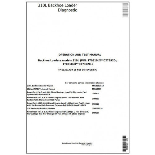 TM13291X19 John Deere 310L Backhoe Loader Pdf Diagnostic, Operation and Test Service Manual