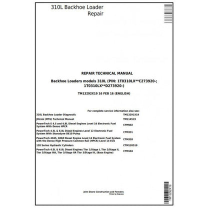 TM13292X19 John Deere 310L Backhoe Loader Pdf Repair Service Technical Manual